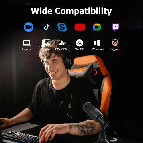 Miniatura 2 de Micrófono USB para PC, micrófono de condensador de podcast con interruptor de silencio de trípode plegable para transmisión, juegos, podcasting