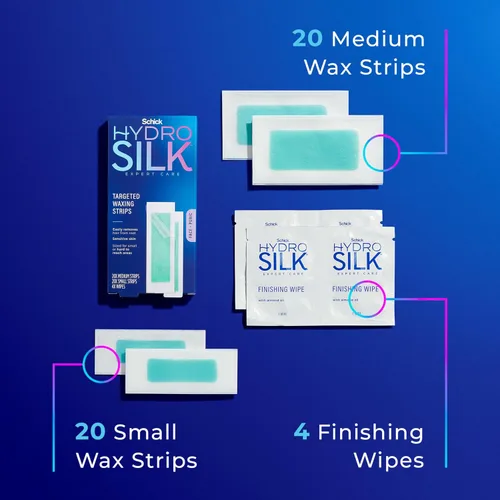Miniatura 3 de Schick Hydro Silk - Tiras de cera específicas Tiras de cera suave para cuerpo + depilación púbica, tira de depilación de cejas y labios, kit