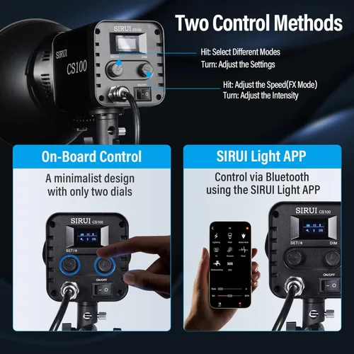 Miniatura 4 de SIRUI Luz de video LED CS100 de 100 W, iluminación continua de luz diurna portátil, CRI 96 de 5600K, TLCI 98 4000Lux/m, montaje Bowens, 8 efectos