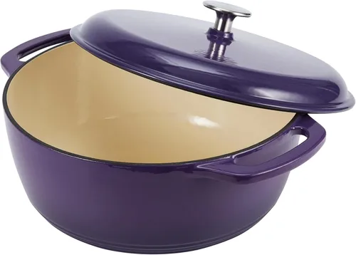 Miniatura 3 de Amazon Basics - Olla de horno holandés de hierro fundido esmaltado con tapa, redonda, asas dobles, resistente, mediana, 6 cuartos de galón, púrpura