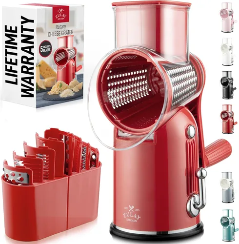 Miniatura 16 de Zulay Kitchen Rallador rotativo de queso de 5 cuchillas, rallador de queso manual de manivela con succión reforzada y 5 tambores intercambiables