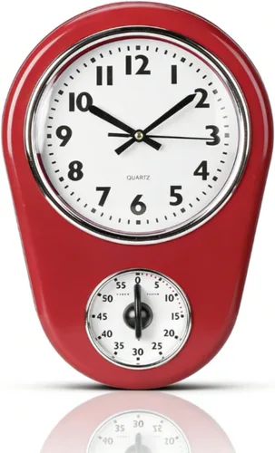 Cyrank Reloj de pared de cocina, reloj de pared vintage decorativo, temporizador de cocina rojo, temporizador retro silencioso para dormitorio, sala