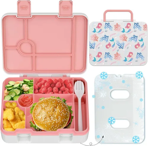 Miniatura 10 de Fiambrera Bento para niños con paquete de hielo, caja Bento a prueba de fugas de 5 compartimentos con utensilios, capacidad de 5.5 tazas