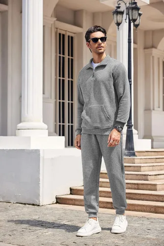 Miniatura 8 de COOFANDY Conjunto deportivo de 2 piezas para hombre, ajuste relajado, con media cremallera, para correr