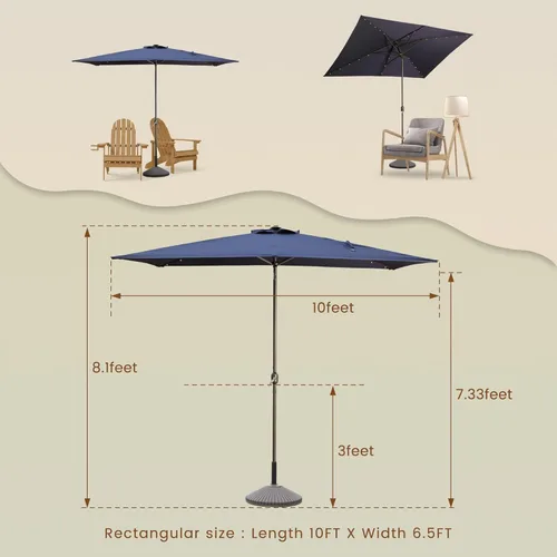 Miniatura 7 de MONDAWE Paraguas rectangular de mercado con luces LED solares de 10 x 6.5 pies para exteriores, sombrilla de patio con manivela, sombrilla de mesa