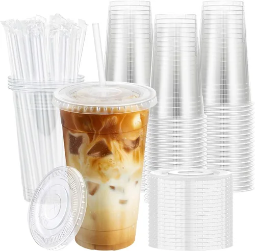 Paquete de 100 vasos de plástico de 20 onzas con tapas y pajitas, tazas de café desechables para café helado, bebidas frías, batidos y batidos