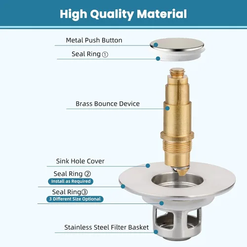 Miniatura 6 de Tapón universal 2 en 1 para lavabo de baño, colador emergente totalmente metálico con cesta de filtro antiobstrucción, para orificios de drenaje
