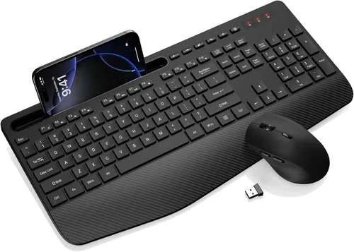 Miniatura 16 de Combo de teclado y ratón inalámbrico - Teclado ergonómico de tamaño completo con reposa muñecas, soporte para teléfono, modo de suspensión, combo