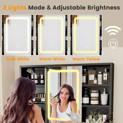 Miniatura 6 de Hadulcet Escritorio de tocador moderno negro con espejo LED de 3 modos, estación de carga y luces RGB, tocador pequeño con amplio almacenamiento