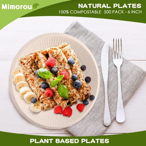 Miniatura 2 de Mimorou 500 platos de papel 100% compostables a granel, platos de papel desechables de caña de azúcar, color marrón, a granel, pequeños, postres