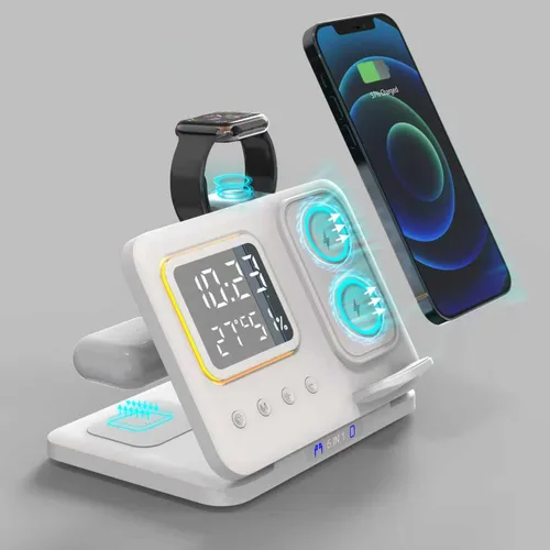 Miniatura 24 de IHAO Estación de carga inalámbrica plegable multifuncional 3 en 1 con luz nocturna LED ambiental, cargador rápido QC3.0 para teléfono, iWatch
