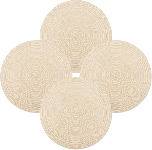 Miniatura 13 de Juego de 6 manteles individuales redondos trenzados, lavables, antideslizantes, para cocina, comedor, 15 pulgadas, resistentes al calor, tela Beige