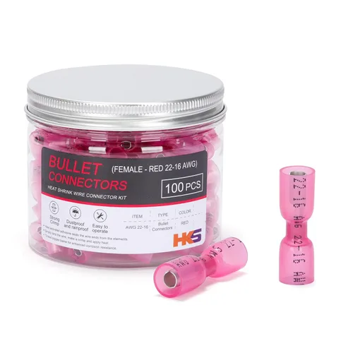 HKS 100 conectores de bala hembra termorretráctiles – 22-16 AWG rojo – Terminales de engarce de cobre estañado – impermeables y aislados – para