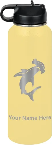 Miniatura 69 de LaserGram Botella de agua personalizada, tiburón martillo, acero inoxidable de doble pared aislada al vacío con popote superior, regalo grabado