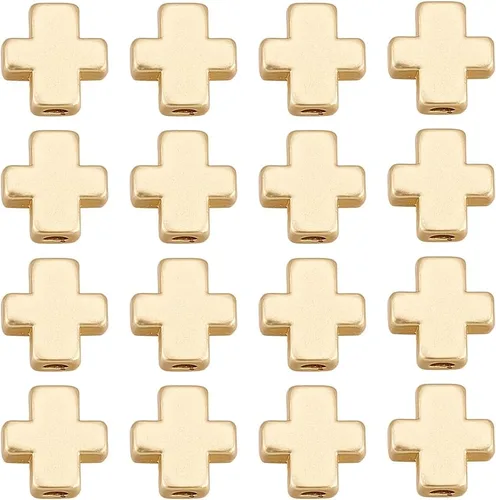 SUNNYCLUE 1 caja de 50 cuentas cruzadas auténticas chapadas en oro de 18 quilates a granel, mini cuentas pequeñas de cruz dorada, dije de cruz 1