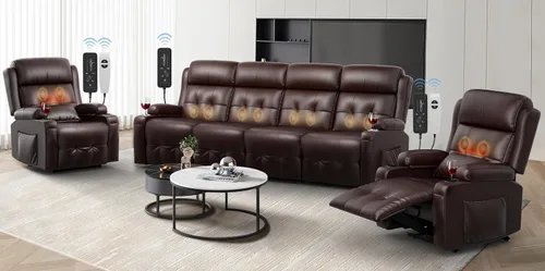 Miniatura 16 de Sofá reclinable de dos plazas, sofá reclinable de masaje de gran capacidad, silla de dos plazas para RV con espacio de almacenamiento, portavasos