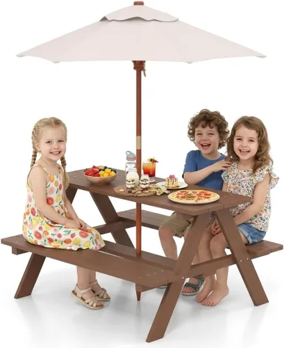 Miniatura 10 de Costzon Mesa de picnic para niños, mesa y sillas de madera de abeto para exteriores con paraguas extraíble, mesa de picnic para niños pequeños