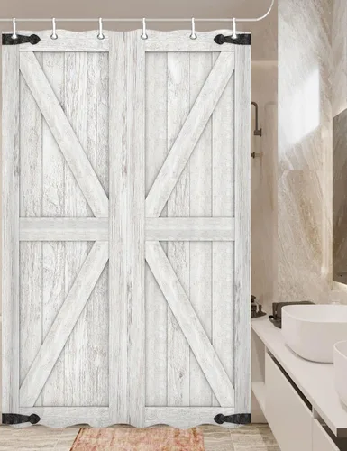 Miniatura 25 de Cortina de ducha de puerta de granero de madera rústica, 60 x 70 pulgadas, beige