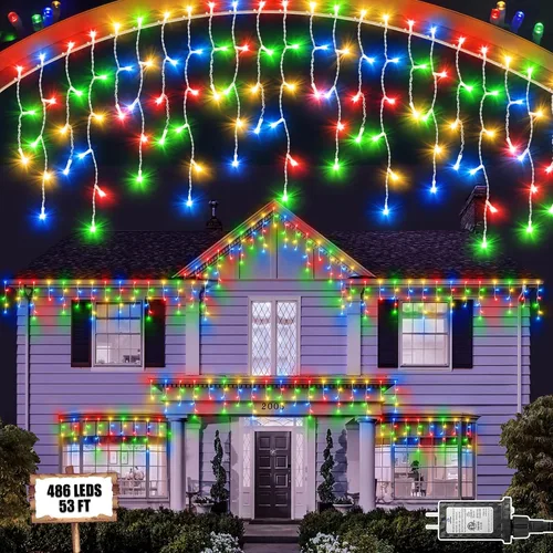 Guirnalda de luces navideñas de exterior, 53 pies, 486 LED, temporizador, memoria, enchufable, 8 modos, 108 gotas, colgantes, multicolor, decoración