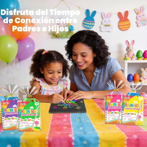 Miniatura 6 de Recuerdos de papel para rascar para fiestas para niños: paquete de 16 cuadernos de rayas arcoíris, bolsas de regalo, libros para colorear, recuerdos