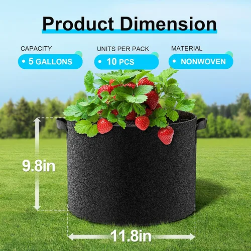 Miniatura 2 de Land Guard Paquete de 10 bolsas de cultivo de tela de 5 galones, macetas de jardín no tejidas gruesas, bolsas de cultivo con asas, color negro