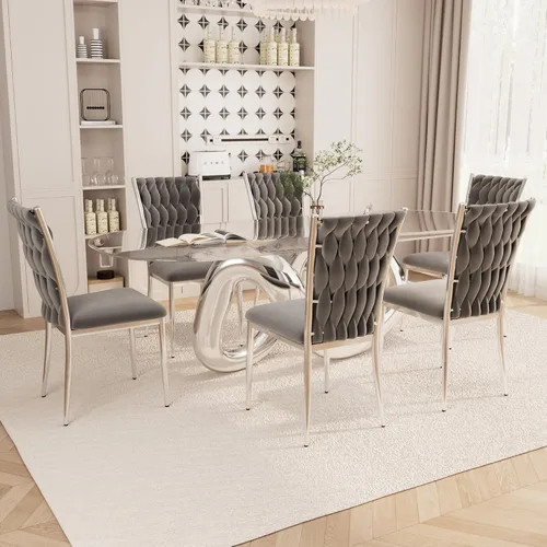 Miniatura 34 de Juego de 2 sillas de comedor de terciopelo, modernas sillas de cocina tejidas con patas de metal dorado, cojín tapizado con respaldo alto