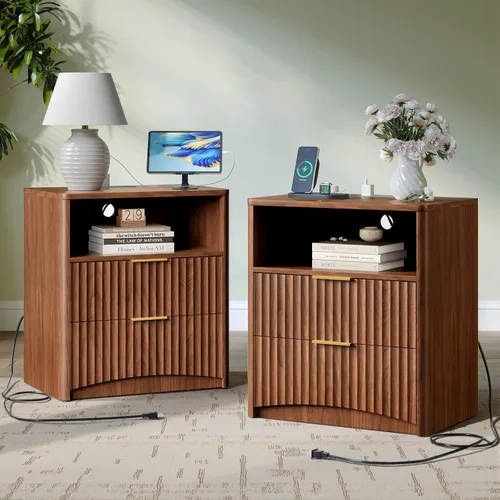 Miniatura 11 de Evermagin Mesita de noche acanalada, mesita de noche de roble natural con cajón y almacenamiento, mesa auxiliar de madera moderna de mediados