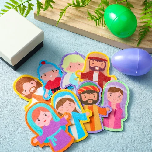 Miniatura 6 de Karenhi 24 marionetas religiosas de dedo para Pascua, cristiana, pesebre bíblica, juguetes de fieltro para fiesta de Pascua, rellenos de huevos