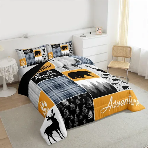 Miniatura 119 de Juego de edredón de oso y ciervo, tamaño individual, ropa de cama de animales salvajes de caza, colcha rústica de cabaña, casa de campo, cuadros