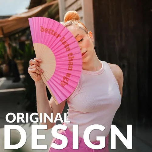 Miniatura 2 de Fisura Ventilador plegable original, mejor tarde que feo, abanicos de mano de madera para mujeres plegables - Diseño rosa y rojo para raves