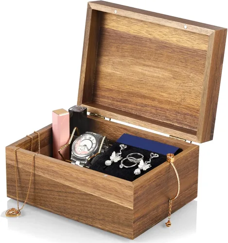 DRASTAR Caja de Recuerdos, Caja de Memoria de Madera de Acacia con Tapas con Bisagras, Caja de Joyería de Madera, Caja de Almacenamiento Pequeña,