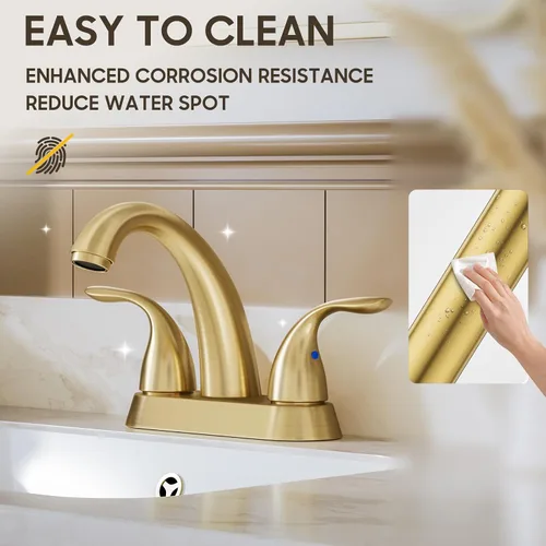 Miniatura 7 de Phiestina Grifo de Baño de Oro Cepillado de 4 Pulgadas Centerset 2 o 3 Agujeros 2 Manijas, Grifo de Baño con Desagüe Emergente de Cobre y Líneas