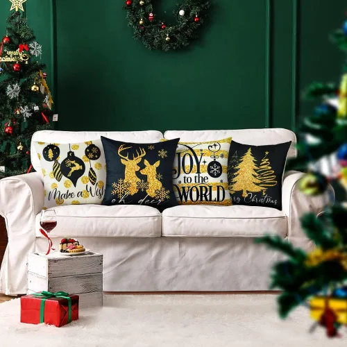 Miniatura 2 de OTOSTAR Juego de 4 fundas de almohada doradas de Navidad de 18 x 18 pulgadas para decoraciones de Navidad, alce negro y dorado, para árbol de Negro