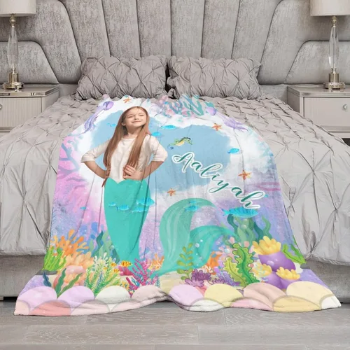 Miniatura 5 de Manta de Sirena Personalizada para Niñas Bebés - Manta de Forro Polar para Recién Nacidos y Niños Pequeños - Foto y Nombre, Regalos de Navidad