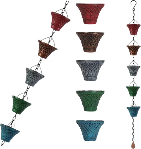 Miniatura 8 de Cadenas de lluvia de hierro multicolor de 5.8 pies para canaleta y barril de lluvia, resistente al óxido, cadena de lluvia chapada para decoración