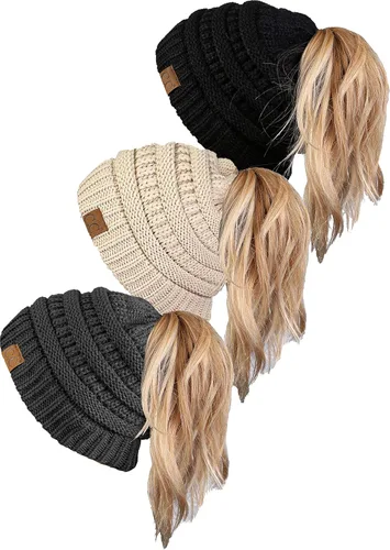 Funky Junque Gorro para mujer con diseño de moño desordenado, color liso y acanalado