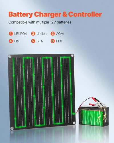 Miniatura 4 de VEVOR Cargador de batería de panel solar de 20 W y 12 V, cargador de batería solar con controlador inteligente integrado y 3 cables de conexión