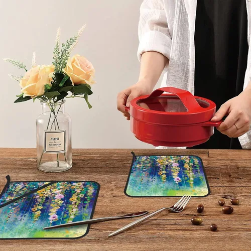 Miniatura 6 de Juego de 2 soportes para ollas de pintura de acuarela floral abstracta, resistentes al calor, para microondas, horno, horno y barbacoa