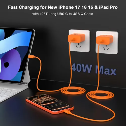 Miniatura 6 de [Certificado MFi de Apple] Cargador para iPhone 17 Pro Max de carga rápida, PD 40 W USB C bloque de carga con cable de carga tipo C de 10 pies