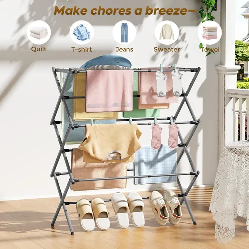 Miniatura 7 de KINGBOARD Tendedero de secado de ropa plegable con 11 postes, estante de secado de lavandería de 3 niveles, estante de secado de ropa pequeño