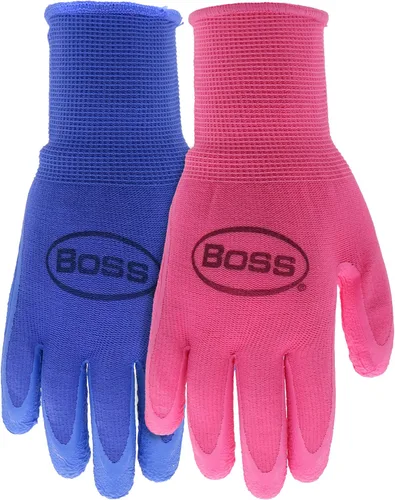 BOSS Guantes de trabajo recubiertos de látex arrugado con agarre táctil para mujer, 2 paquetes, resistentes a la abrasión y al agua, talla grande,