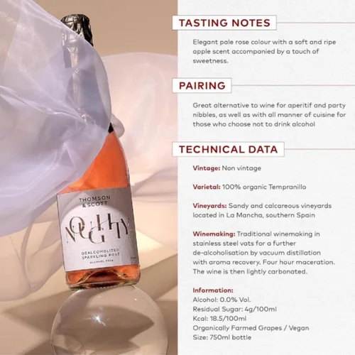 Miniatura 8 de Thomson & Scott Noughty - Paquete de celebración de vino espumoso, 1 rosado + 1 chardonnay, champán espumoso sin alcohol, vino sin alcohol, ligero