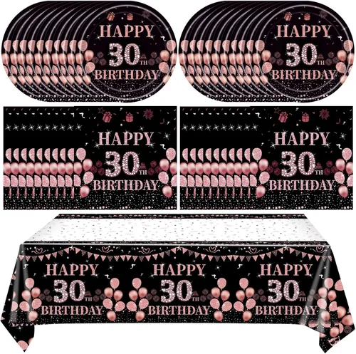 Miniatura 9 de Ryzovo - Decoraciones de cumpleaños 50 para mujer, platos de papel desechables negro y oro rosa, suministros de fiesta para 20 invitados, 41 piezas