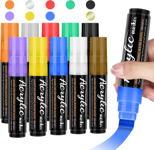 Marcadores de pintura acrílica, 10 marcadores de colores jumbo, punta de fieltro jumbo de 0.591 in, bolígrafos de pintura de tinta impermeable y