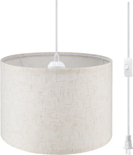 WimiSom - Lámpara colgante enchufable, lámpara de 15 pies con cable enchufable, interruptor de encendido/apagado, pantalla de lino color beige,