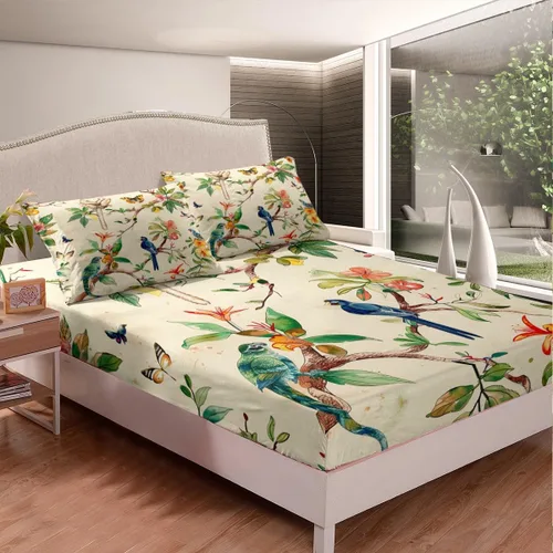 Miniatura 3 de Juego de sábanas de mariposa, sábana bajera ajustable de mono, colibrí, tamaño individual para niños, niñas, adolescentes, hojas de palmera