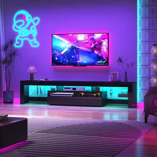 Miniatura 9 de Vinctik 6&Fox Soporte de TV negro para TV de 55/60/65 pulgadas, centro de entretenimiento moderno con 2 cajones de almacenamiento y luz LED, mueble