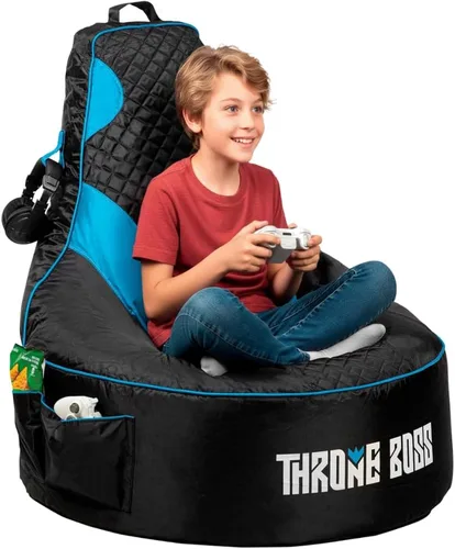 Throne Boss Funda de Silla Puf Gamer para Niños con Respaldo Alto, Azul – Funda de Silla Gamer de Piso, Tela Fácil de Limpiar, Bolsillos Laterales