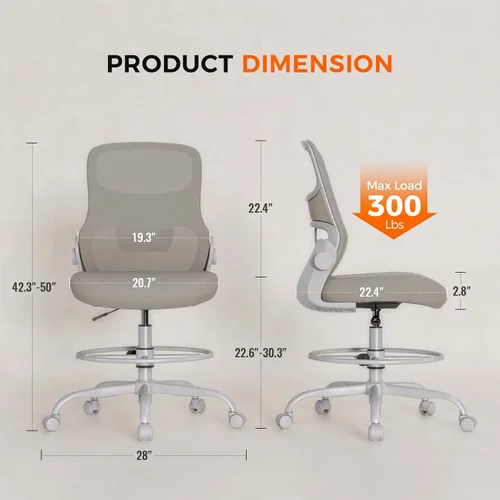 Miniatura 2 de Silla de dibujo sin brazos, silla de oficina alta con anillo ajustable para el pie y soporte lumbar, silla de escritorio alta de malla ergonómica