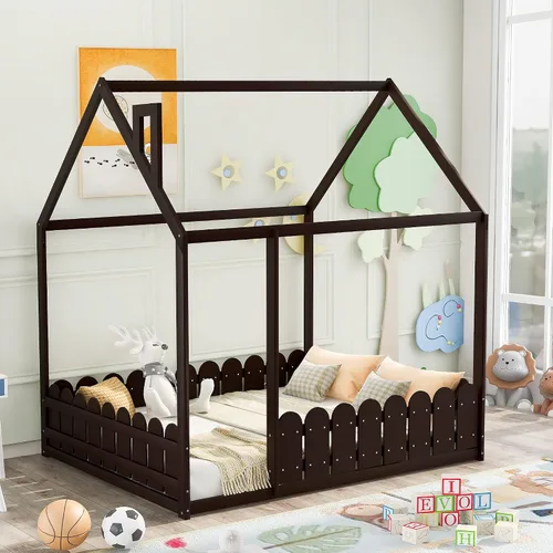 Miniatura 15 de Merax House Bed Twin Size Wood Bed Frame with Roof and Fence for Girls, Boys, Weight Capacity No Limit (Espresso)